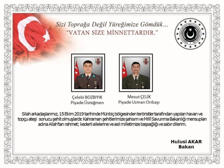 Türkiyə Suriyada daha iki şəhid verdi Türkiyə Suriyada daha iki şəhid verdi