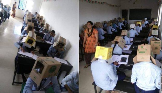 İmtahanda şagirdlərin başına qutu keçirilib İmtahanda şagirdlərin başına qutu keçirilib
