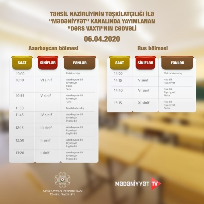 Teledərslərin sabahkı cədvəli açıqlanıb Teledərslərin sabahkı cədvəli açıqlanıb